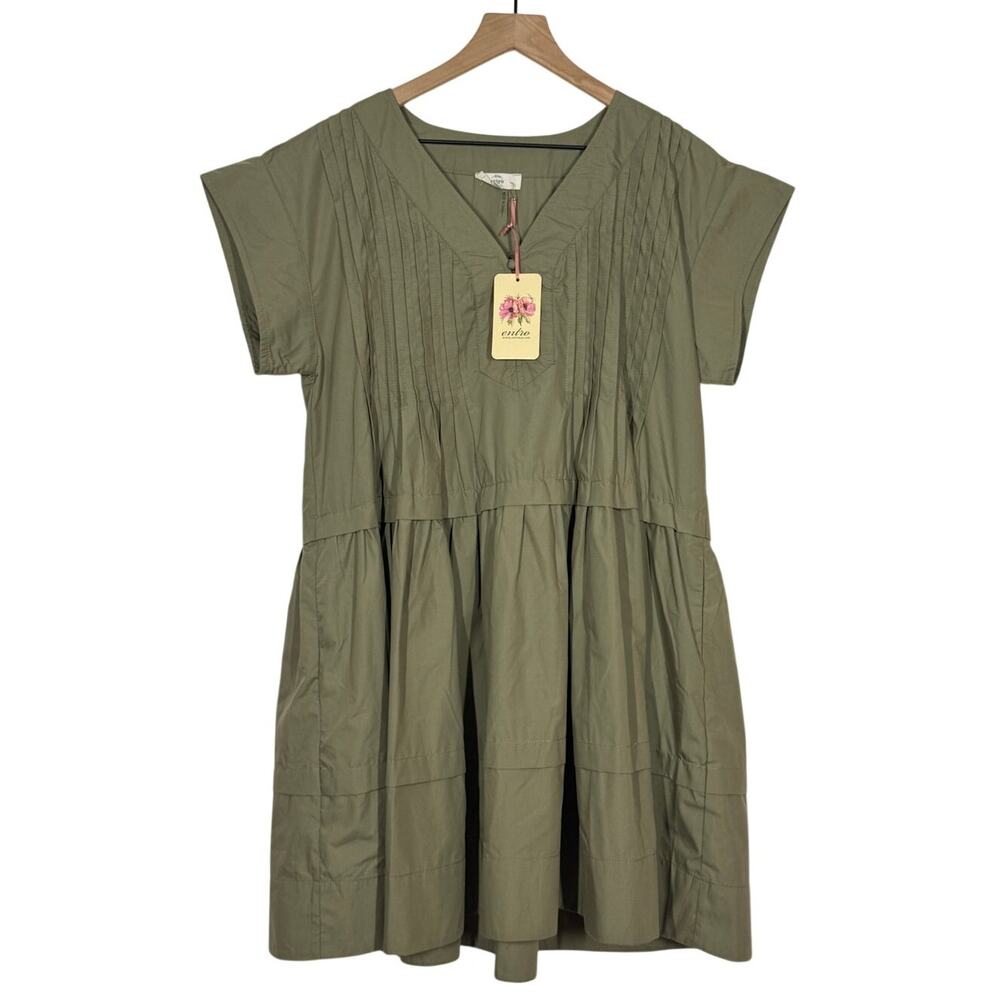 Entro Mini Dress NWT Womens Size Large Green V-Neck Tiered Short Sleeve Boho